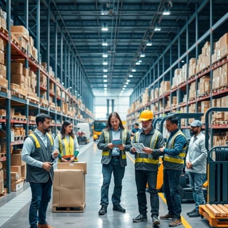 A team of logistics professionals working in a modern distribution center, managing inventory and coordinating shipments.