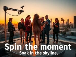 360 video booth on a Los Angeles rooftop during sunset, with guests posing mid-spin against the skyline.