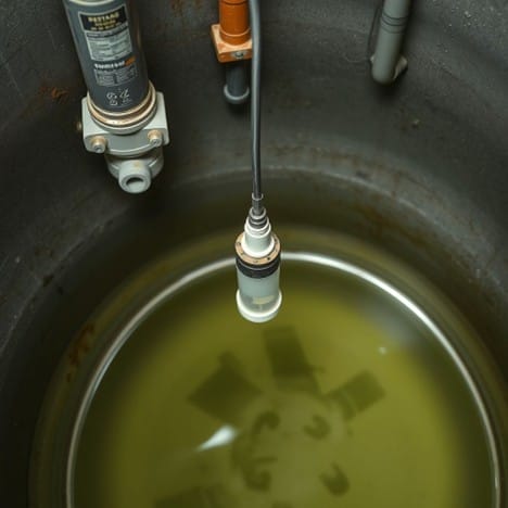 Tethered float switch installed in a wastewater lift station, suspended above the liquid with visible industrial surroundings.
